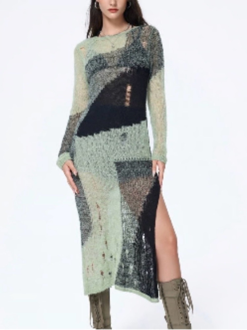 Cider Sage and Black Abstract Knit Long-Sleeve Midi Dress